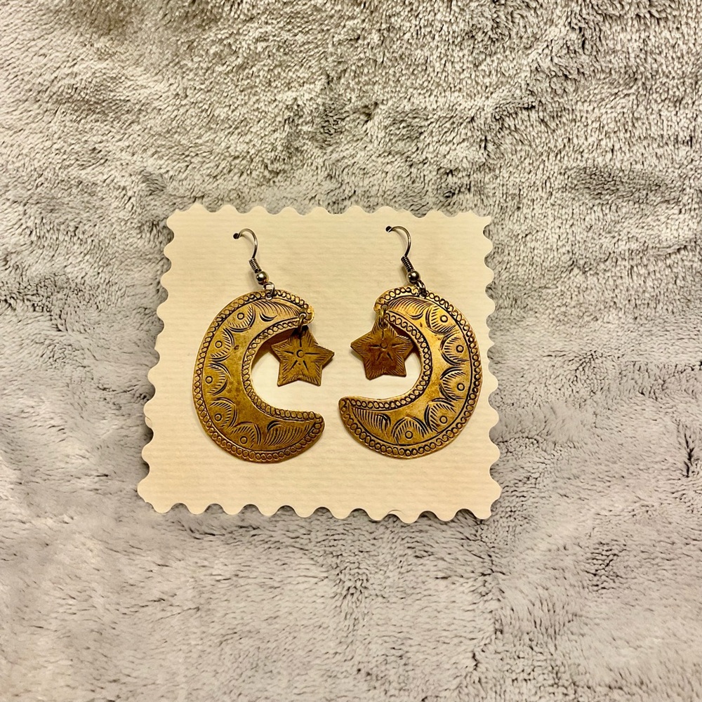 Gold Crescent Moon and Star Earrings